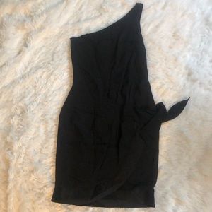 Reiss black silk one shoulder overlay skirt dress